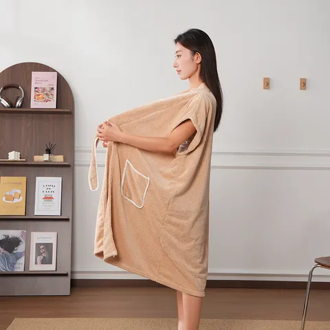 Women Wearable Bath Towel Bathrobe Coral Fleece Absorbent Quick Drying Sleepwear Spa Bath Dress With Hair Drying Cap