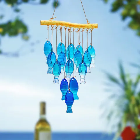 Handcrafted Blue Glass Fish Wind Chime For Outdoor Garden Beach Coastal Patio Decor Hanging Ornament Sea Theme Memorial Gift