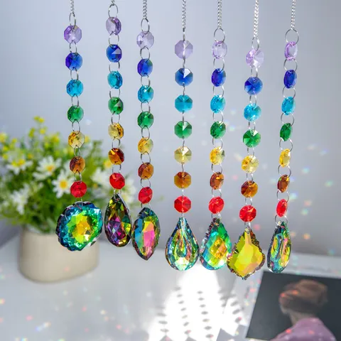 Crystal Suncatcher Set Silver Plated Octagonal Beads Rainbow Prism Hanging Ornaments For Windows Garden Home Decor Gift