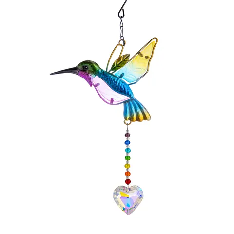 Hummingbird Crystal Suncatcher Prism Window Hanging Decor Metal Heart Shaped Rainbow Maker Garden Ornament