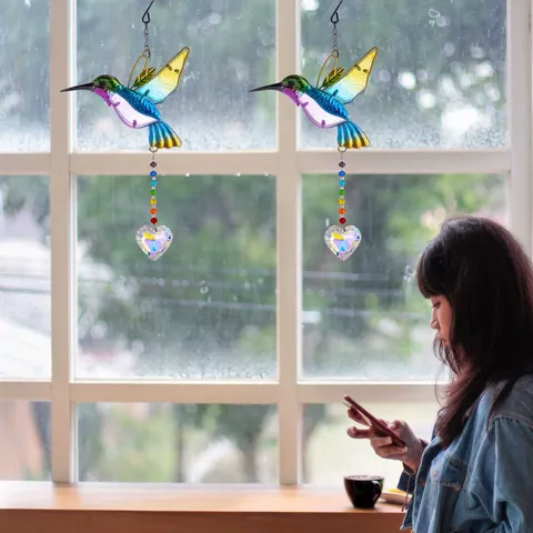 Hummingbird Crystal Suncatcher Prism Window Hanging Decor Metal Heart Shaped Rainbow Maker Garden Ornament