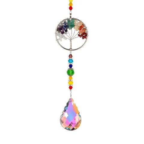 Albero della Vita Cristallo Suncatcher Ornamento Appeso Colorato Pietra Naturale Prisma Ciondolo per Casa Giardino Finestra Auto Decorazione