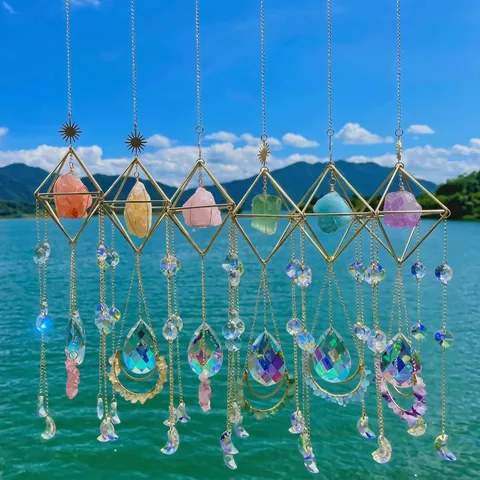 Acchiappasole in Cristallo Aurora Gemma Prisma Creatore di Arcobaleno Cornice Geometrica in Metallo Decorazione Casa