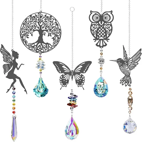 Crystal Suncatcher Prism Balls 5 Pieces Set Hanging Ornaments Fairy Butterfly Tree Of Life Hummingbird Owl Rainbow Maker Window Garden Decor