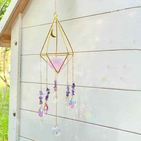 Geometrischer Kristall Suncatcher Hängendes Ornament Mit Amethyst Rohstein Gold Galvanisiertes Prisma Regenbogenmacher Für Fenster Haus Deko Geschenk
