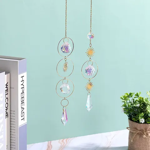 Acchiappasole Ciondolo di Cristallo Creatore di Arcobaleno Ornamento Sospeso per Giardino Finestra Casa Oro Lega AB Aurora Sfera di Cristallo Luna Sole Fata Regalo