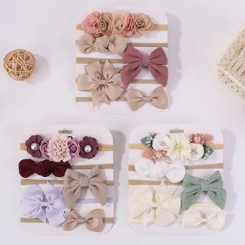 Handgemaakte Baby Meisjes Hoofdbanden Set Hoog Elastisch Nylon Stof Strik Bloem Haarbanden Voor Baby Pasgeboren Peuter Haaraccessoires