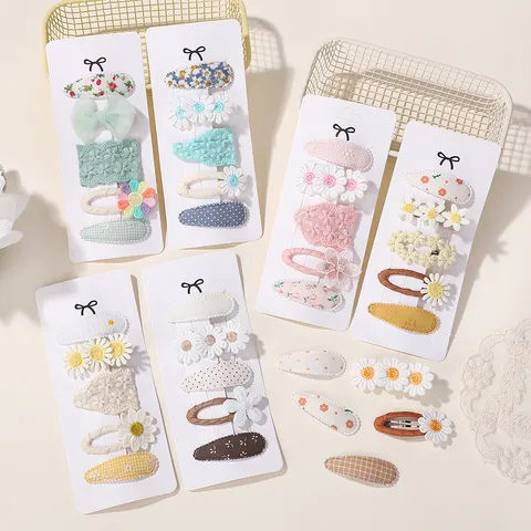 Handgefertigte Stoff Gänseblümchen Haarspangen Set Für Mädchen Bestickte Florale BB Clips Süße Karo Spitze Haarschmuck Für Kinder