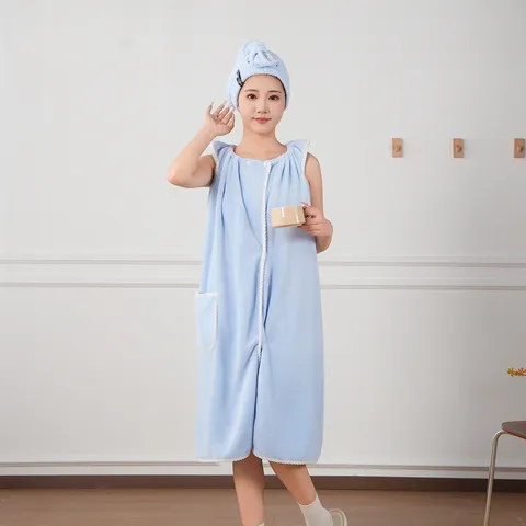 Women Wearable Coral Fleece Bath Skirt Quick Drying Absorbent Bathrobe With Hair Cap Soft Spa Towel Loungewear