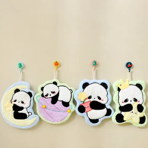 Cute Cartoon Panda Hand Towel Thickened Coral Velvet Water Absorbent Quick Drying Hanging Handkerchief For Kitchen Bathroom Kids