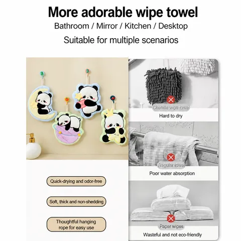 Cute Cartoon Panda Hand Towel Thickened Coral Velvet Water Absorbent Quick Drying Hanging Handkerchief For Kitchen Bathroom Kids