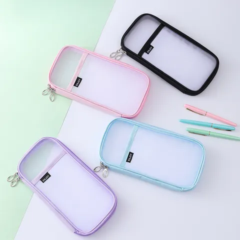 Korean Style Simple Nylon Mesh Pencil Case Creative Round Student Pen Bag Large Capacity Zipper Stationery Storage Pouch