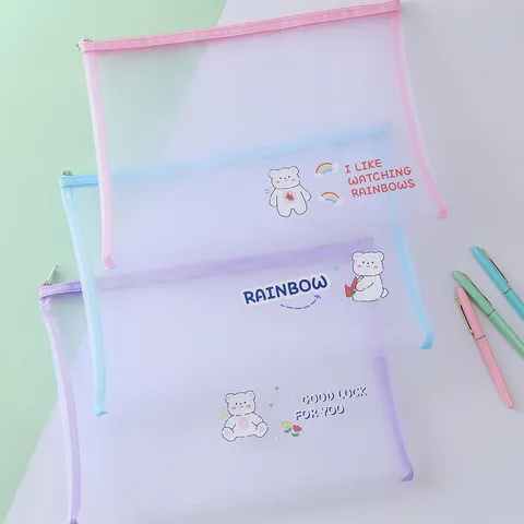 A4 Mesh Zipper File Bag Transparent Grid Document Organizer Cute Cartoon Animal Office School Storage Bag