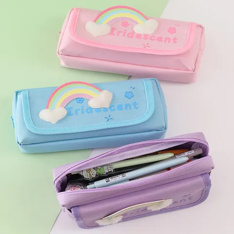 Large Capacity Oxford Cloth Pencil Pouch Cute Rainbow Heart Letter Print Double Layer Stationery Bag For Students School Office