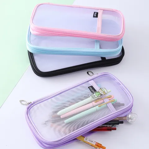 Korean Style Simple Nylon Mesh Pencil Case Creative Round Student Pen Bag Large Capacity Zipper Stationery Storage Pouch