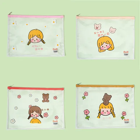 Kids Cartoon PVC Mesh Document Bag Waterproof Zipper File Folder Storage Bag Cute Stationery Organizer