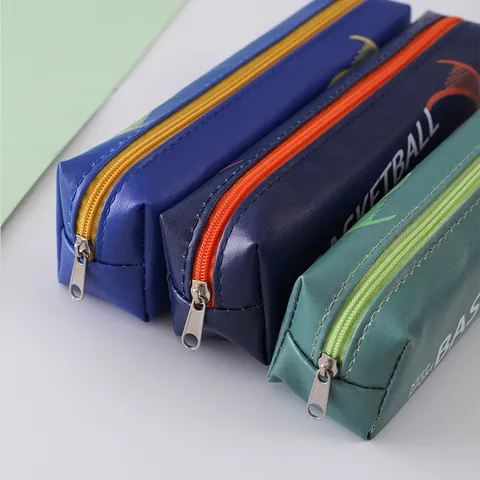 Simple PU Leather Pencil Case For Men Large Capacity Color Blocking Portable Stationery Bag Student Pen Box