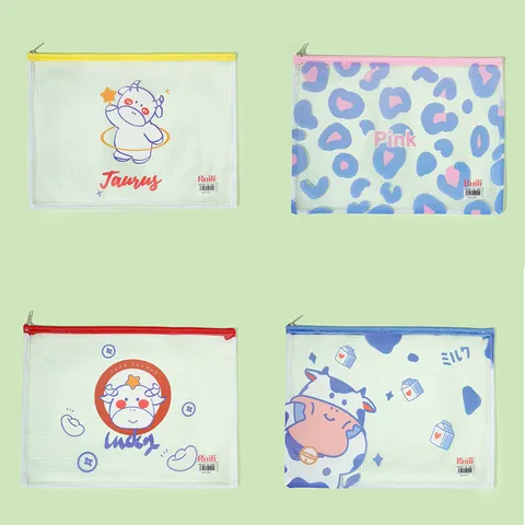 Kids Cartoon PVC Mesh Document Bag Waterproof Zipper File Folder Storage Bag Cute Stationery Organizer
