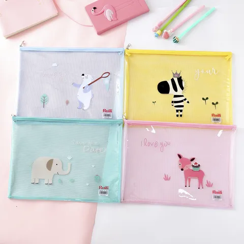 Transparent PVC Mesh Zipper File Bag Cute Cartoon Animal Print Document Folder Office School Storage Bag