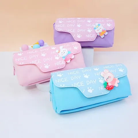 Large Capacity Cute Cartoon Rabbit Oxford Fabric Pencil Case Student Stationery Storage Bag Flap Zipper Pencil Pouch