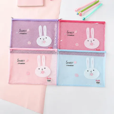 Transparent PVC Mesh Document File Bag Waterproof Folder With Zipper Cute Cartoon Rabbit Large Storage Pouch