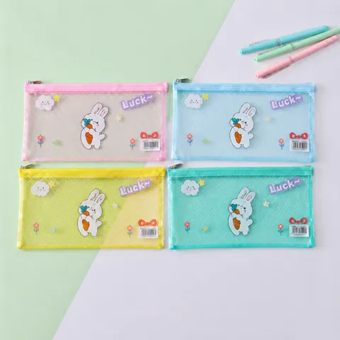 Transparent Grid PVC Pencil Case Cartoon Animal Pattern Student Stationery Storage Bag Zipper Pen Pouch