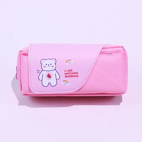 Large Capacity Double Layer Canvas Pencil Case Cute Cartoon Bear Stationery Box Student Pen Pouch Multilayer