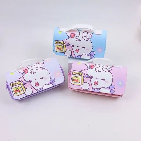 Cute Cartoon Rabbit Pencil Case Large Capacity Canvas Pen Bag Portable Multi-Layer Stationery Organizer For Students Girls