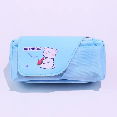 Large Capacity Double Layer Canvas Pencil Case Cute Cartoon Bear Stationery Box Student Pen Pouch Multilayer