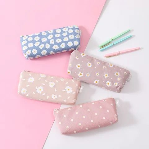 Minimalist Canvas Printed Pencil Case Large Capacity Student Pen Bag Cute Daisy Stationery Organizer Cosmetic Pouch