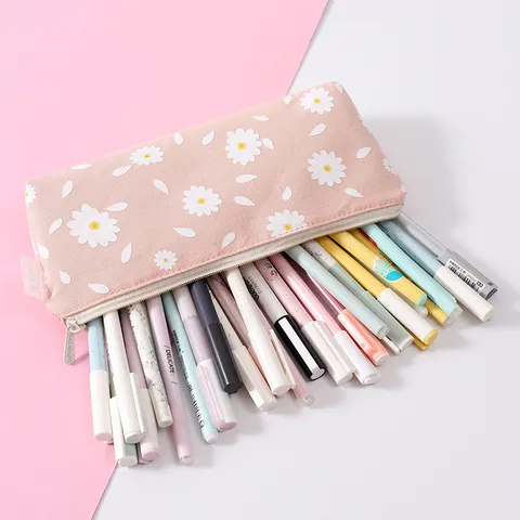 Minimalist Canvas Printed Pencil Case Large Capacity Student Pen Bag Cute Daisy Stationery Organizer Cosmetic Pouch