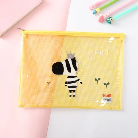 Transparent PVC Mesh Zipper File Bag Cute Cartoon Animal Print Document Folder Office School Storage Bag