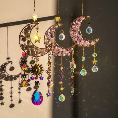 Acchiappasole in Ametista Naturale Luna Stella Sole Pendente Cristallo Prisma Ornamento per Finestra Boho Estetica Vento Carillon Regalo