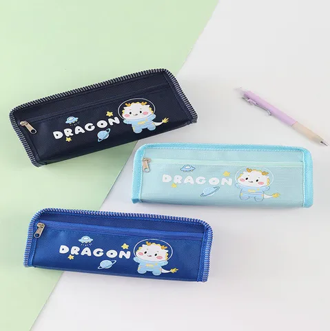 Canvas Pencil Case Large Capacity Double Layer Zipper Stationery Pouch Cartoon Dinosaur Pencil Box For Students School