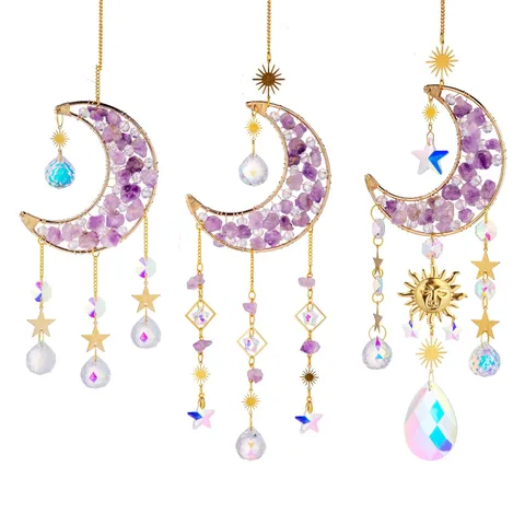 Acchiappasole in Ametista Naturale Luna Stella Sole Pendente Cristallo Prisma Ornamento per Finestra Boho Estetica Vento Carillon Regalo