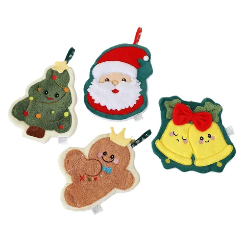 Christmas Cartoon Hanging Hand Towel Absorbent Coral Fleece Kitchen Embroidered Festive Holiday Home Decor