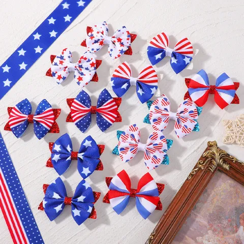 American Independence Day Hair Bow Clips For Kids Stars Stripes Patriotic Red White Blue Glitter Bows Hair Accessories