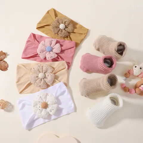 Baby Girls Flower Headband And Socks Set Cute Wide Elastic Nylon Hairbands Anti-Slip Ribbed Socks Toddler Hair Accessories