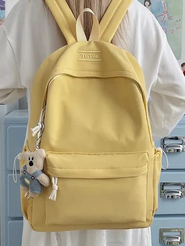 Grand Sac à Dos Scolaire en Nylon Léger pour Collégiens et Lycéens Sac à Dos Décontracté Couleurs Bonbon Avec Pendentif Ours