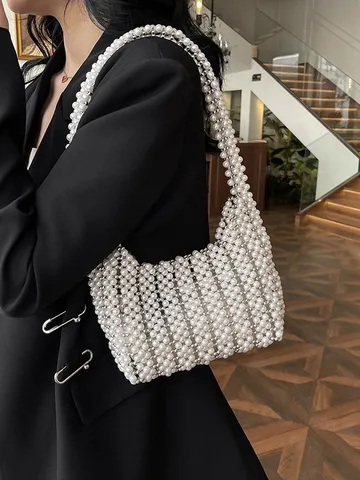 Handgewebte Unterarmtasche Aus Künstlichen Perlen Für Damen Süße Ajour-Umhängetasche Exquisite Pendler-Handtasche Weiße Elegante Perlenbörse