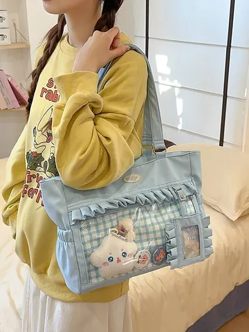 Damen Transparente Ita Bag Rüschen Tote Bag Nylon Klarsichtfenster Schultertasche Handtasche Mit Anhänger Abzeichen Schultasche Täglich