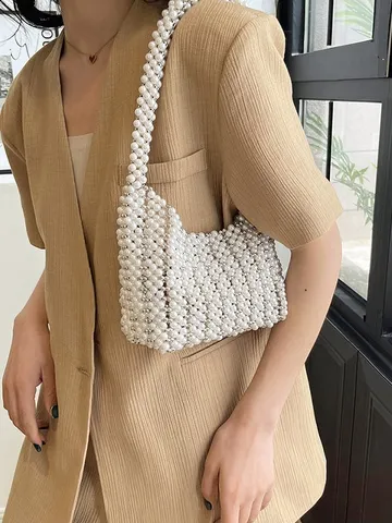 Handgewebte Unterarmtasche Aus Künstlichen Perlen Für Damen Süße Ajour-Umhängetasche Exquisite Pendler-Handtasche Weiße Elegante Perlenbörse