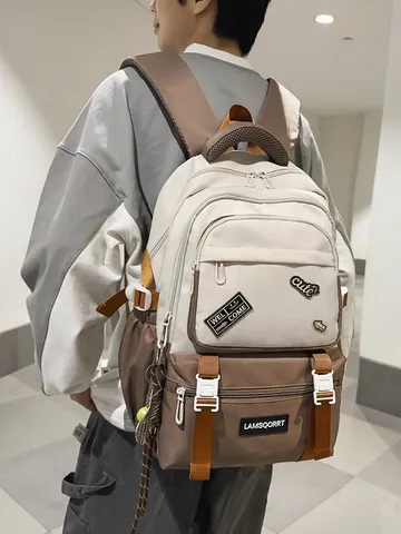 Unisex Student Backpack Contrast Color Waterproof Nylon Campus Style Large Capacity School Rucksack For Teenagers
