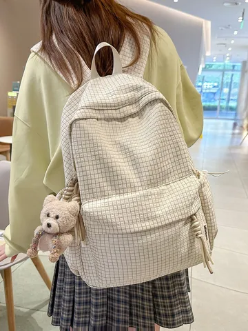 Sac à Dos Scolaire de Grande Capacité Style Preppy en Nylon Durable Motif de Grille Cartable pour Collégiens