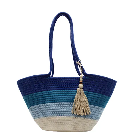 Gradient Striped Straw Woven Handbag Large Capacity Tote Bucket Bag Summer Beach Vacation Tassel Wood Bead Decor Purse