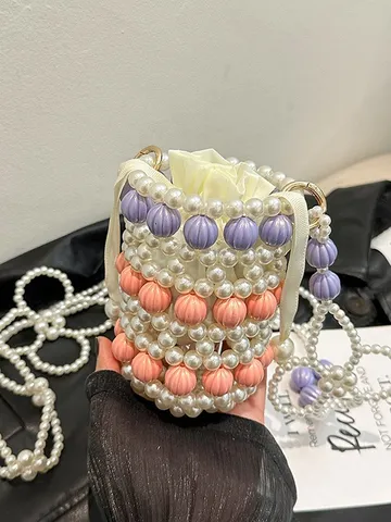 Mini Perlen Beuteltasche Handgewebte Umhängetasche Süße Farbblock Kordelzug Geldbörse Elegante Imitat Perle Schultertasche Für Damen