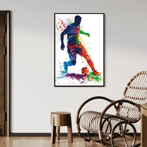 Arte de Pared de Lienzo de Futbolista Colorido Abstracto Silueta Deportiva de Fútbol Póster Sin Marco para Casa Sala de Estar Dormitorio Regalo Moderno