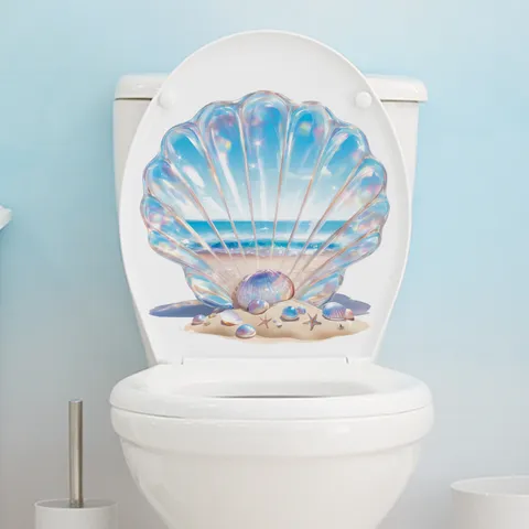 Autocollant Décoratif de Siège de Toilette Coquillage de Plage 3D PVC Imperméable Thème Océan Sticker Mural de Salle de Bain