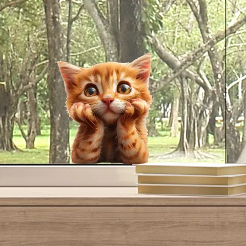 Autocollant de Fenêtre Chat Orange Dessin Animé Mignon Adsorption Statique Sticker Vitre Amovible Étanche Décoration Maison