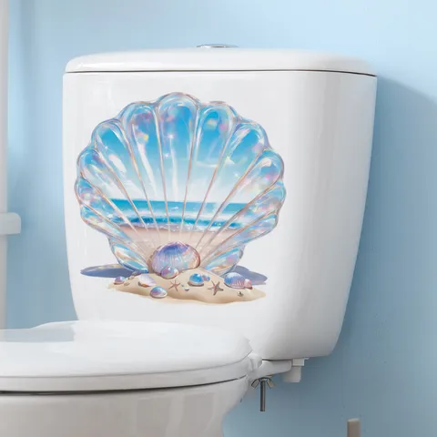 Autocollant Décoratif de Siège de Toilette Coquillage de Plage 3D PVC Imperméable Thème Océan Sticker Mural de Salle de Bain